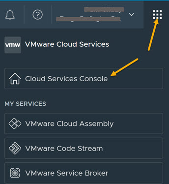 Sélectionnez un service tel que Cloud Assembly ou la console de Cloud Services.
