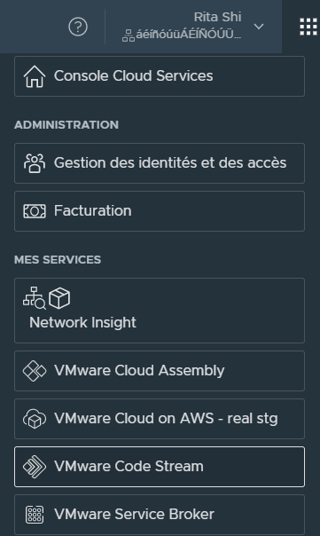 Le volet VMware Cloud Services ouvre la page Gestion des identités et des accès et affiche les utilisateurs et leurs rôles.