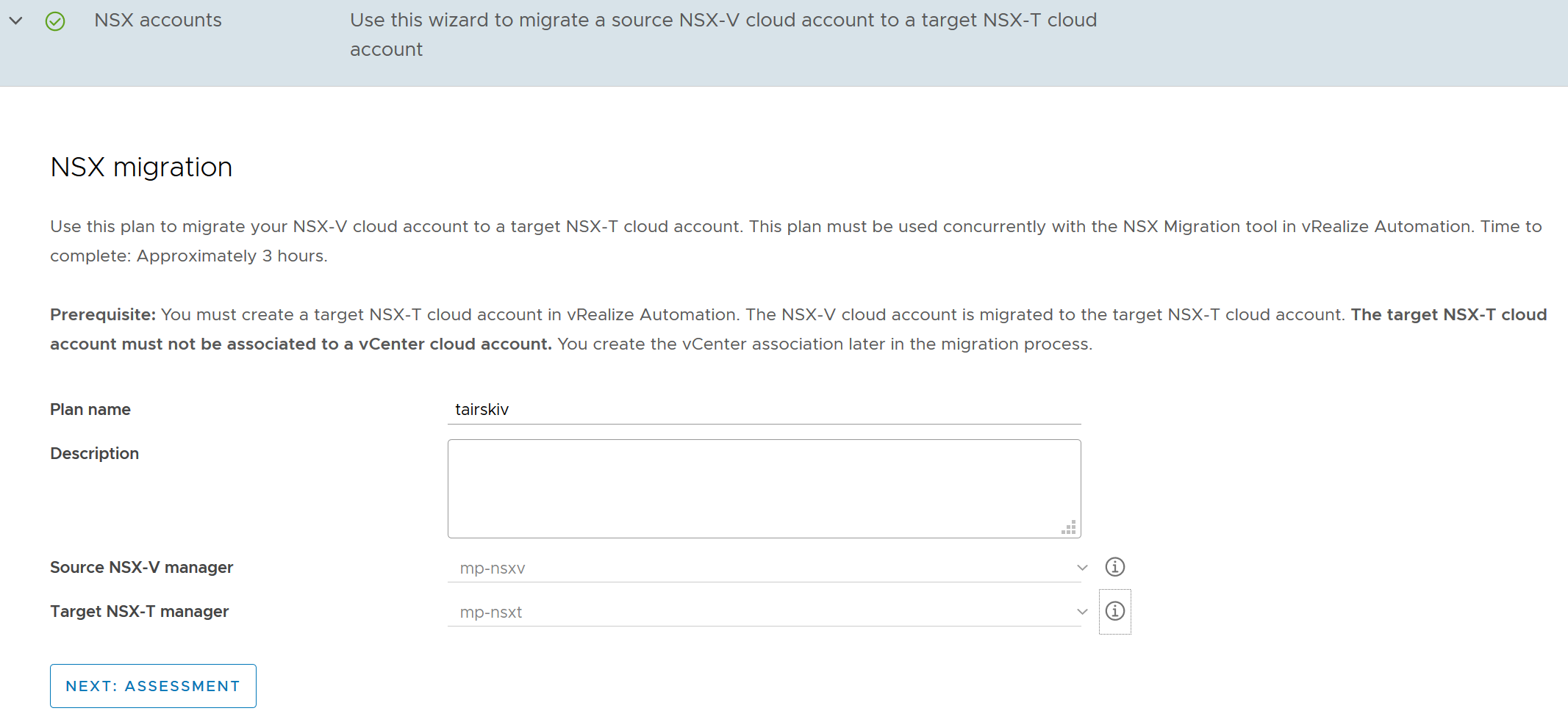 L'écran affiche la page 1 du plan indiquant un compte de cloud NSX-V source et un compte de cloud NSX-T cible