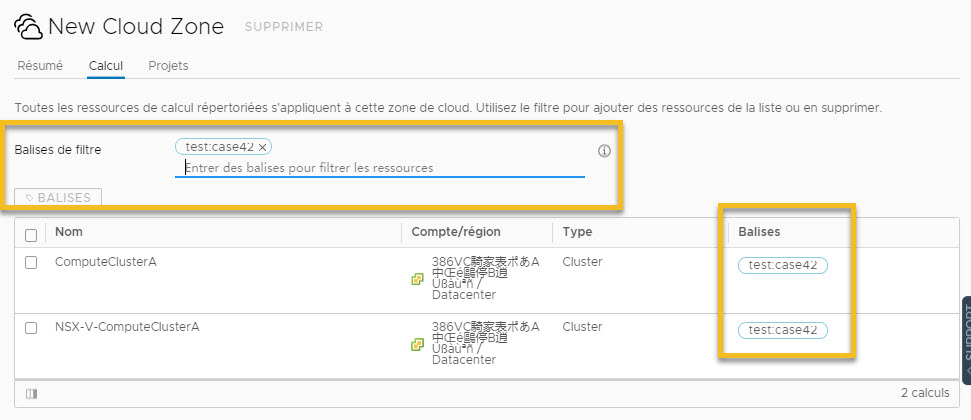 Écran Zone de cloud illustrant le filtre de balise renvoyant la balise pour les deux calculs