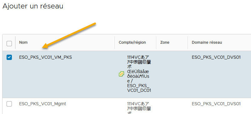 Sélectionnez le réseau nommé sddc-cgw-network-1 affiché dans cet écran.