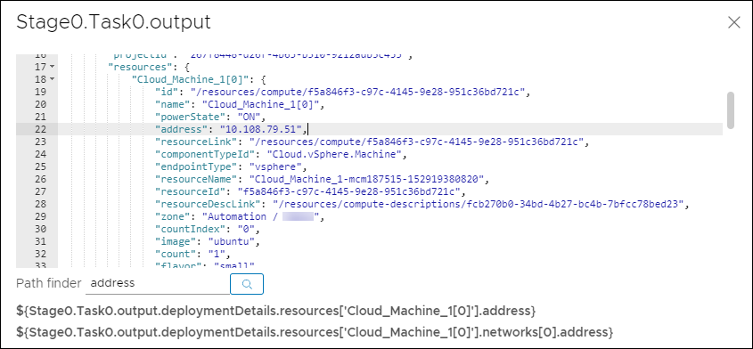 Pour rechercher une expression, telle qu'une adresse de machine cloud, vous pouvez utiliser l'outil de recherche de chemins en bas des détails de la tâche.