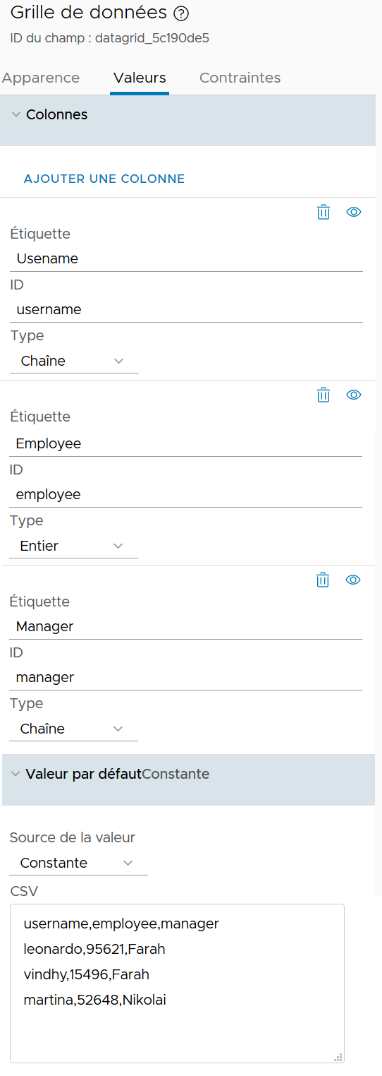 Volet des propriétés de la grille de données