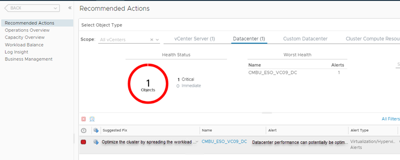 Capture d'écran montrant la page Actions recommandées à partir de laquelle vous pouvez cliquer sur la flèche Exécuter l'action.