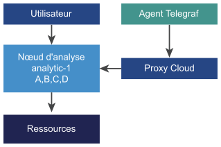 Représentation visuelle de l'architecture de profil de déploiement à petite échelle vRealize Operations qui inclut les nœuds d'analyse, les ressources, l'agent Telegraf et le proxy cloud.