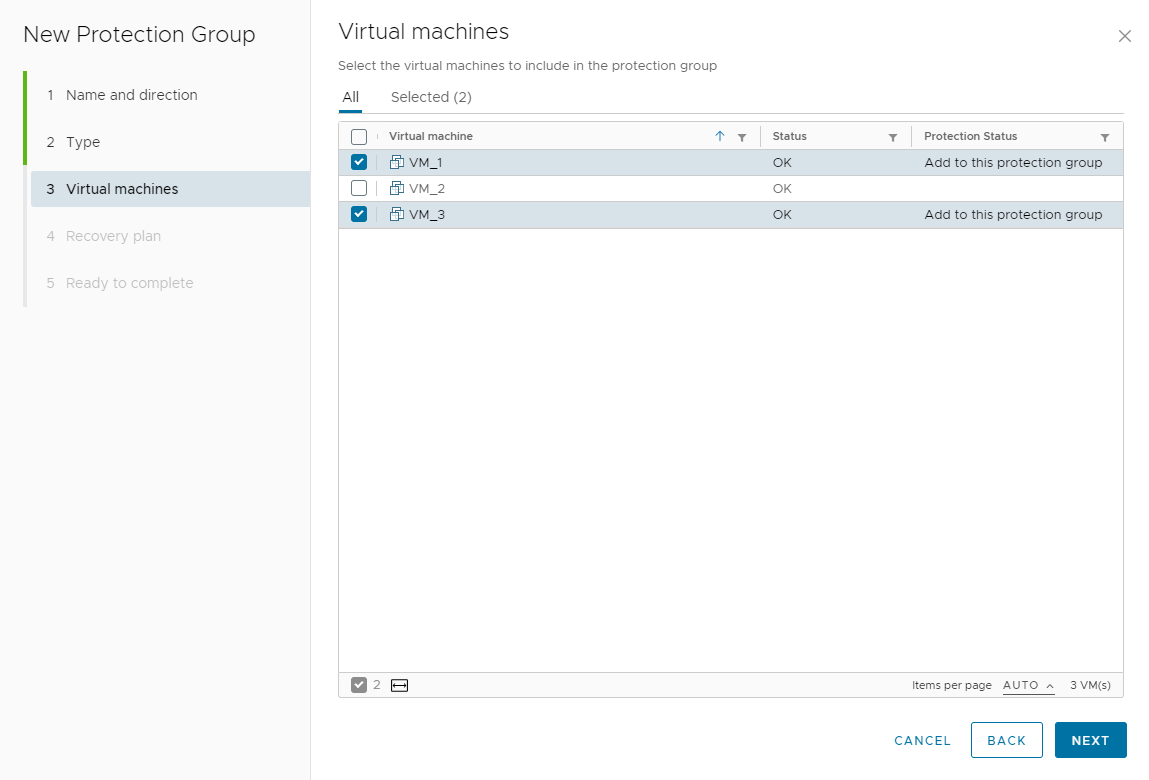 Screenshot dell'interfaccia utente di Site Recovery per la selezione delle macchine virtuali da aggiungere al gruppo di protezione.