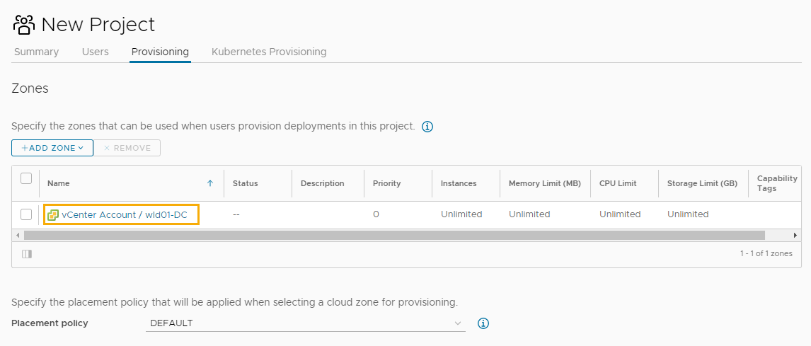 Zone di provisioning del progetto.