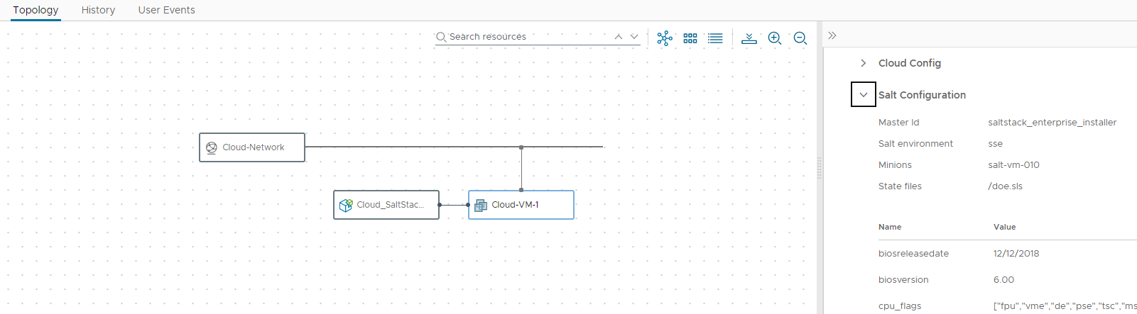 Screenshot della scheda Topologia con le proprietà della configurazione di Salt espanse nel riquadro destro. Le proprietà includono l'ID master, l'ambiente Salt e i file di stato.