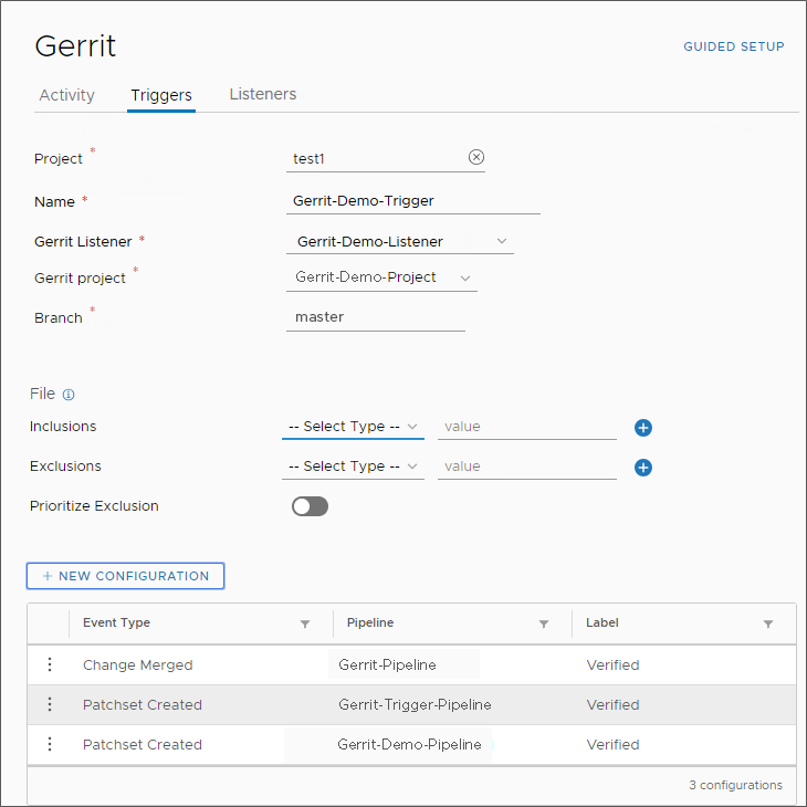 La configurazione del listener e del trigger Gerrit include i tipi di evento e le pipeline che possono essere attivate.