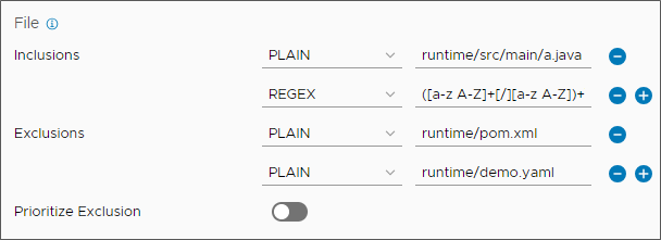 Le inclusioni di file e le esclusioni di file vengono visualizzate come coppie PLAIN o coppie REGEX con valori.