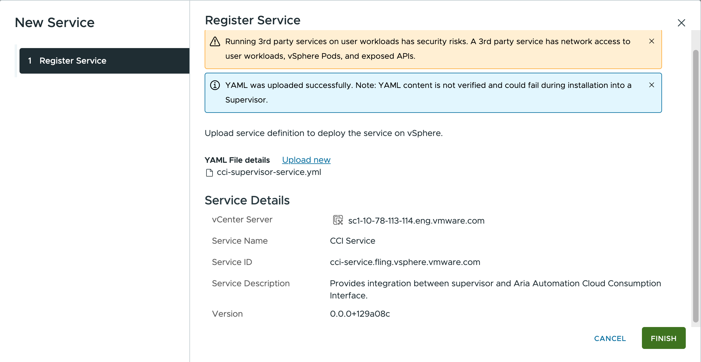Verifica dei dettagli del servizio e completamento della registrazione del servizio CCI