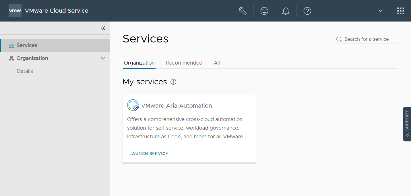 Nella pagina della console, il riquadro del servizio VMware Aria Automation consolida più servizi, ad esempio Automation Assembler, Automation Service Broker e Automation Pipelines.