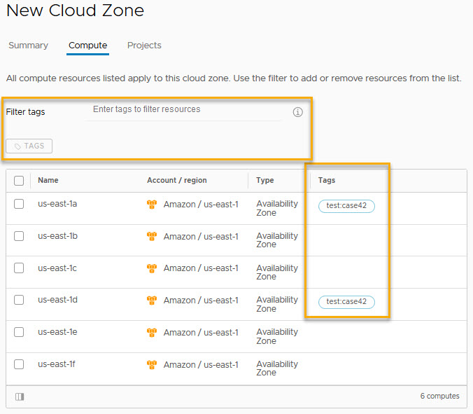 Schermata della zona cloud in cui 2 risorse di elaborazione contengono lo stesso tag