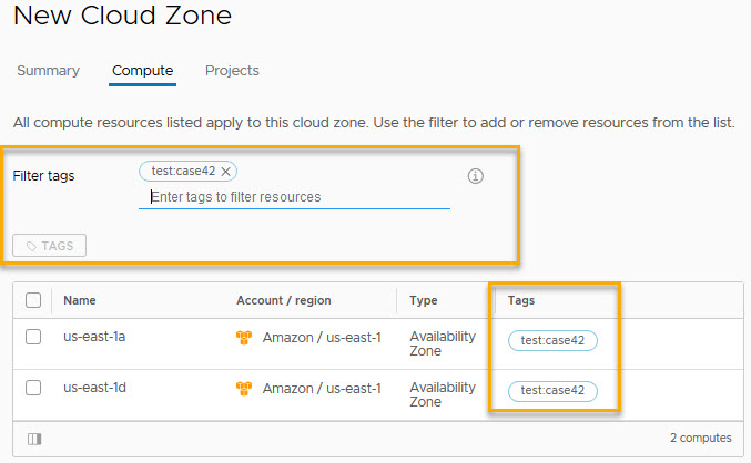 Schermata della zona cloud in cui il filtro dei tag corrisponde al tag per le 2 risorse di elaborazione