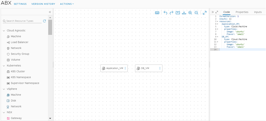 La tela del modello cloud include le due macchine virtuali e lo script di codice aggiunto a ogni elemento della macchina virtuale.