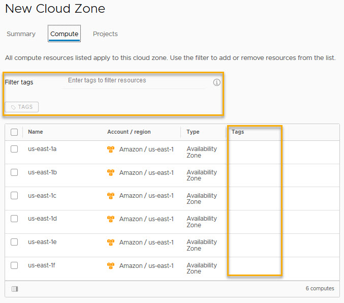 Schermata della zona cloud in cui le risorse di elaborazione non contengono tag