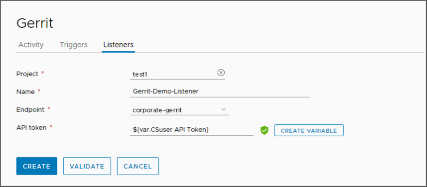 Per le istanze cloud, il listener del trigger Gerrit utilizza un endpoint Gerrit e un token API generato da Il mio account nella console di VMware Cloud Services.