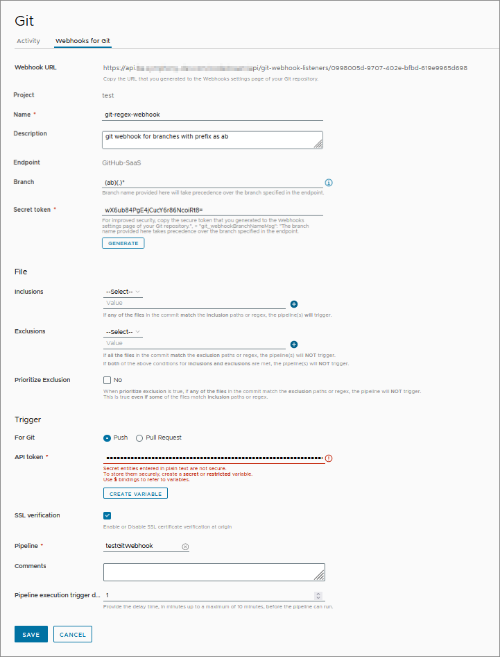 L'URL del webhook Git, copiato e utilizzato nel repository Git, viene visualizzato nella scheda Webhook per Git nel trigger per Git.