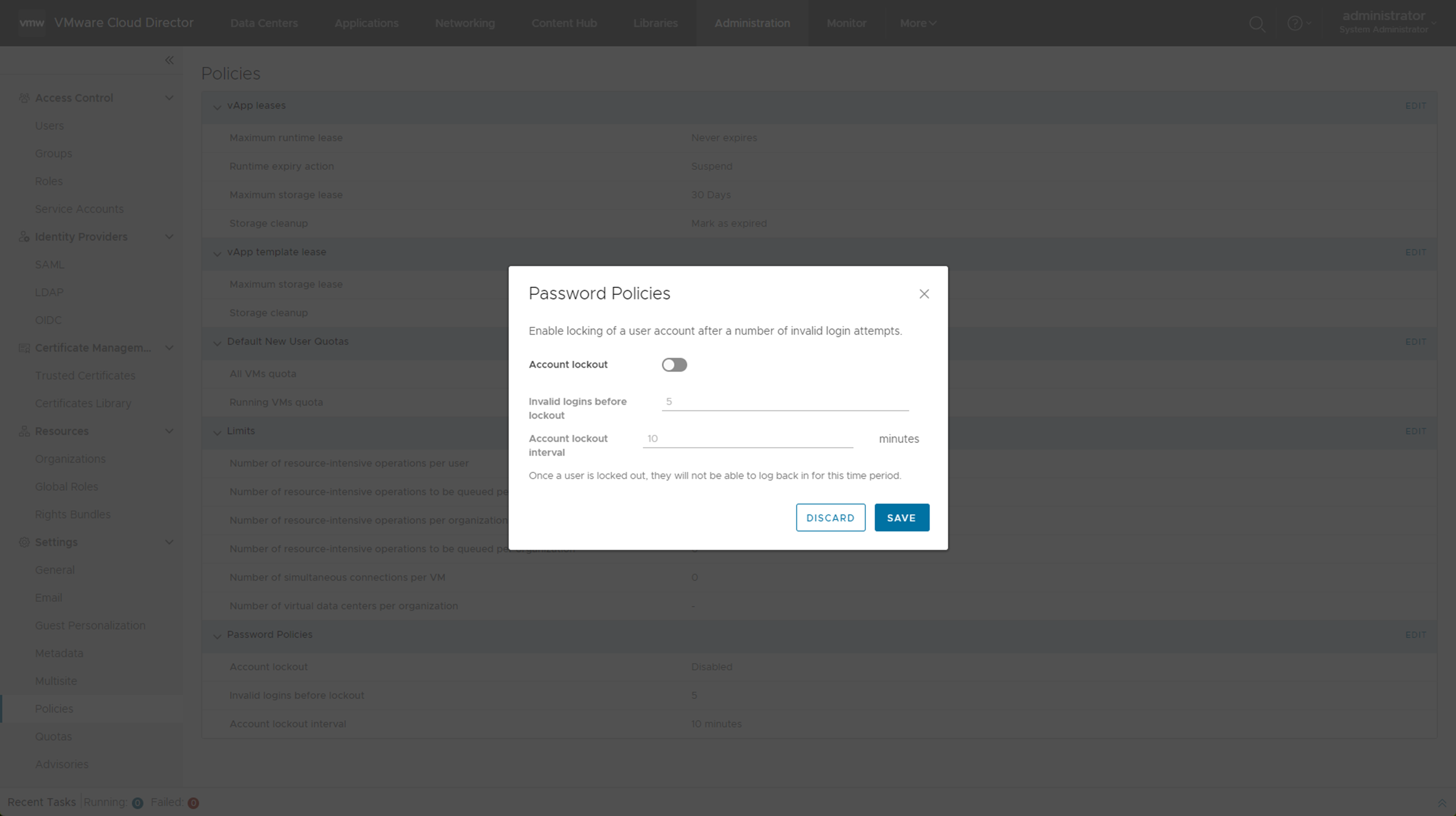 È possibile modificare i criteri della password e dell'account utilizzando la finestra di dialogo modale Modifica criterio password.