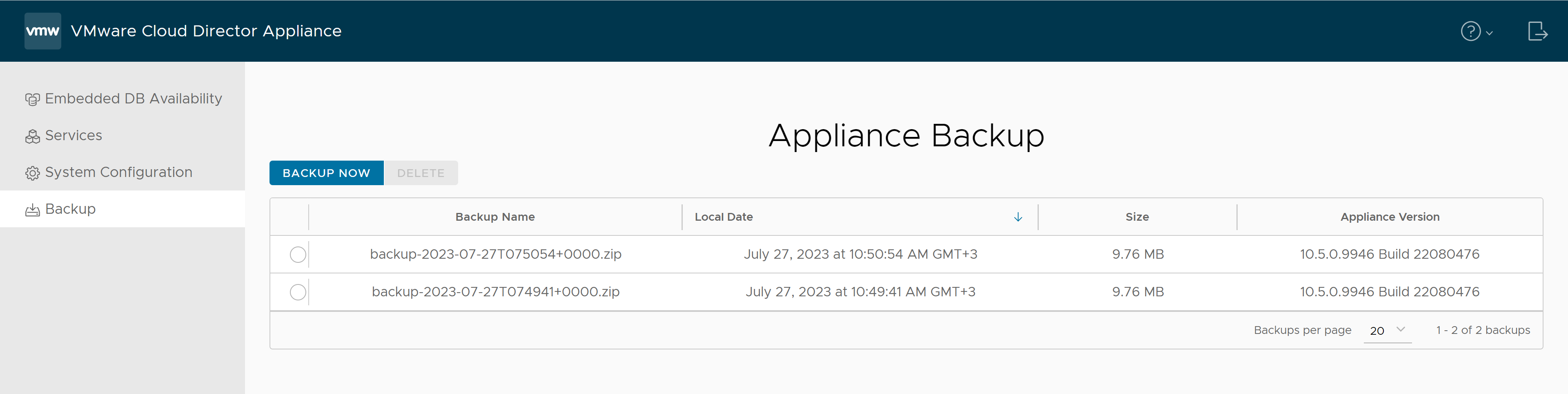 Nella scheda Backup dell'interfaccia utente di gestione dell'appliance di VMware Cloud Director sono disponibili i dettagli di tutti i backup esistenti.