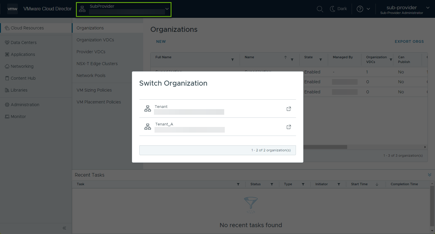 In qualità di provider secondario, dal modale Cambia organizzazione è possibile passare a qualsiasi organizzazione tenant.