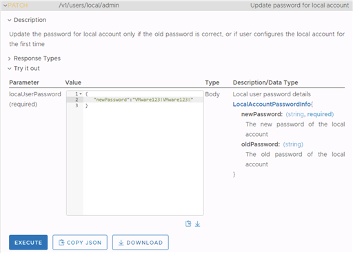 API Explorer per aggiornare la password per l'account locale.