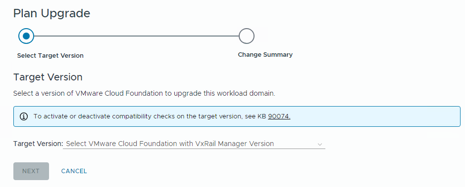 Selezione della versione di destinazione di VMware Cloud Foundation e VxRail Manager per un piano di aggiornamento.