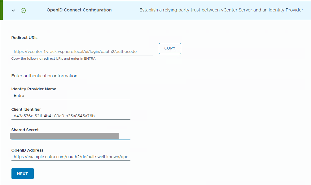 Sezione Configurazione OpenID Connect della procedura guidata Connessione del provider di identità.