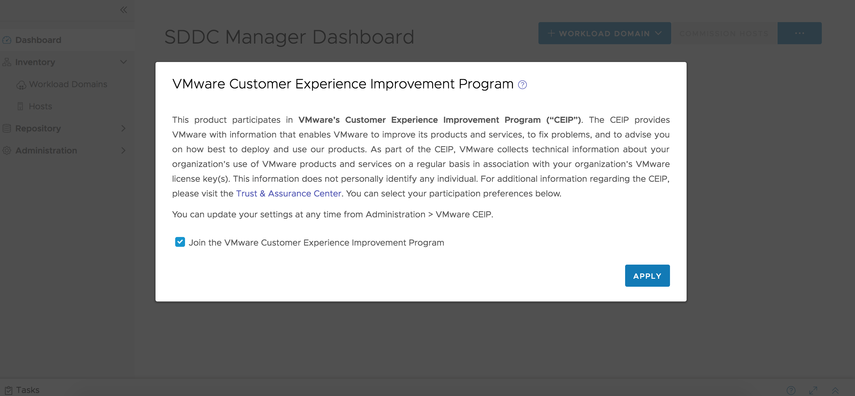 Immagine della finestra popup di Customer Experience Improvement Program (CEIP) di VMware. È possibile scegliere di partecipare al programma CEIP o meno.