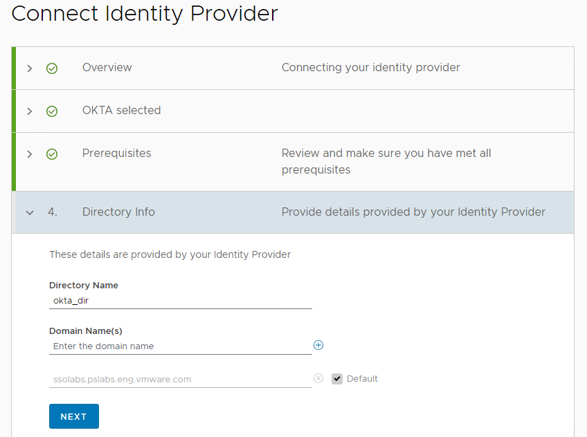 Sezione Informazioni directory della procedura guidata Connessione del provider di identità.