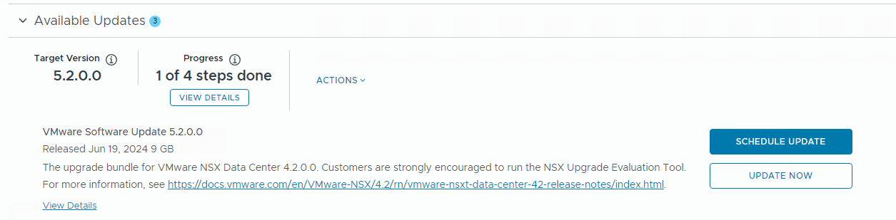 Immagine che mostra il bundle di aggiornamento di NSX disponibile per l'aggiornamento in VCF 5.2.