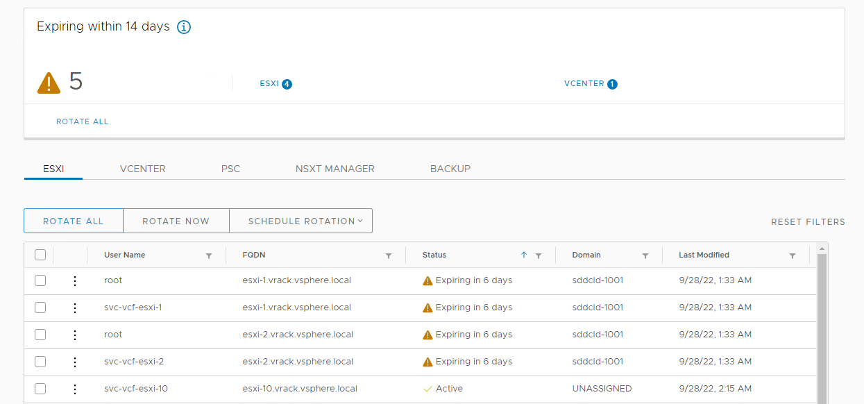 Password Management page showing passwords that are expiring within 14 days.