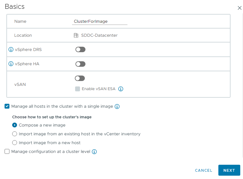 Impostazioni del nuovo cluster per la creazione di un'immagine di vSphere Lifecycle Manager.