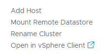 Menu Azioni per un cluster che include l'opzione Aggiungi host.