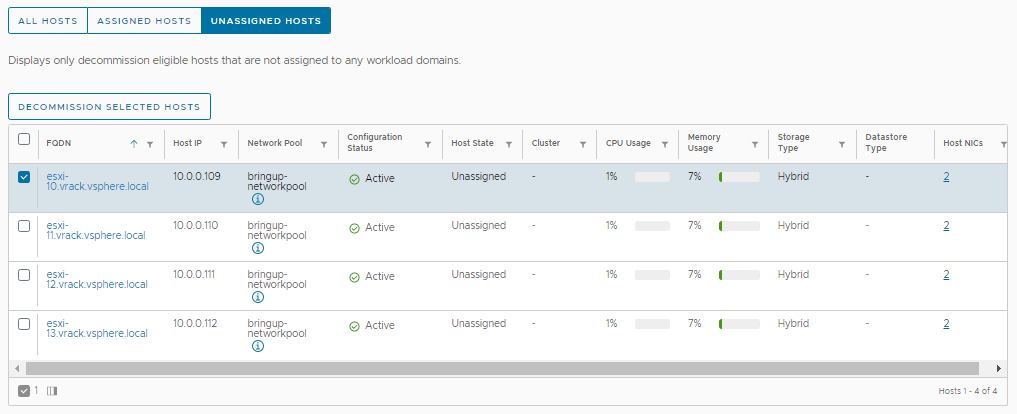 Scheda Host non assegnati in cui sono elencati gli host disponibili per il decommissioning.
