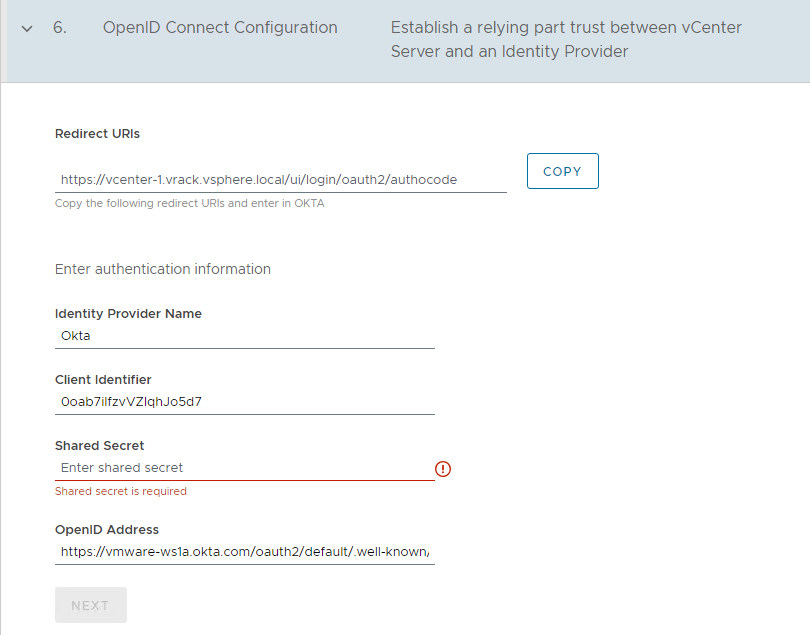 Sezione Configurazione OpenID Connect della procedura guidata Connessione del provider di identità.