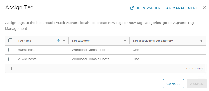 Finestra di dialogo Assegnazione di tag per gli host ESXi.