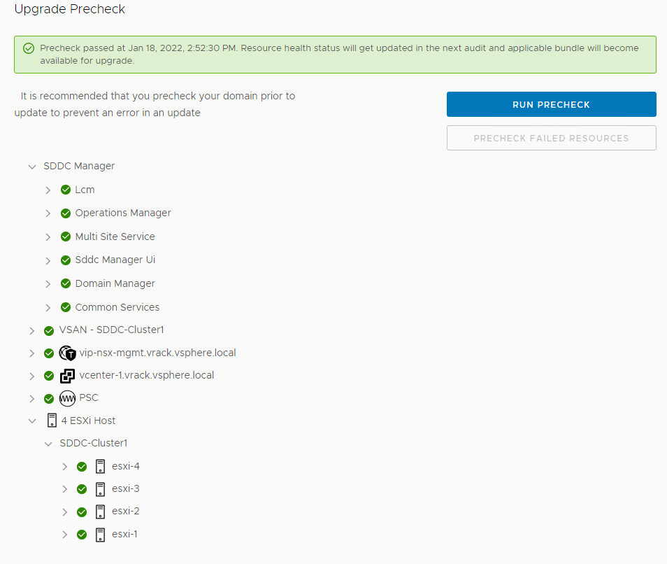 Questa schermata illustra la pagina Verifica preliminare dell'aggiornamento. Fare clic su Visualizza stato per visualizzare le attività dettagliate e il relativo stato.