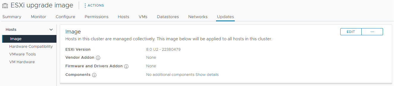 Visualizzazione di vSphere Client delle impostazioni dell'immagine del nuovo cluster.