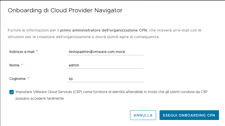 Compilazione del modulo di onboarding di Cloud Partner Navigator.