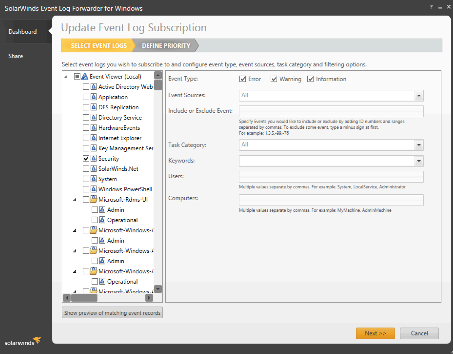 Integrazione di Microsoft RADIUS - Aggiornamento della sottoscrizione al registro eventi