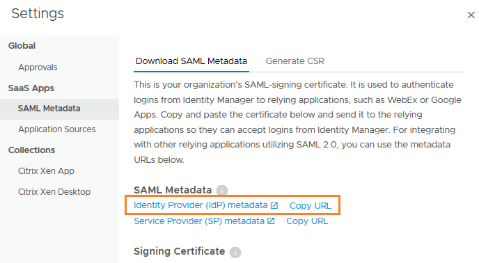Modulo dei metadati SAML