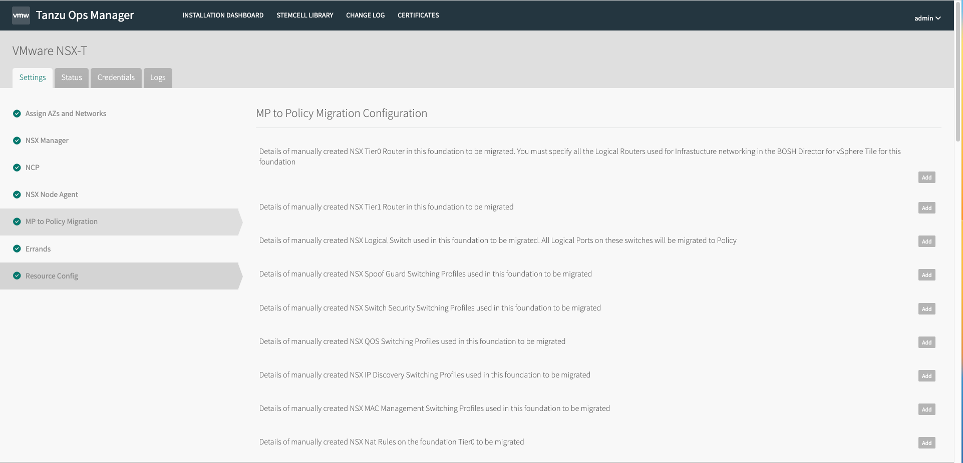Schermata che mostra la configurazione della migrazione da MP a Criterio