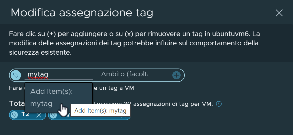 Finestra di dialogo Modifica assegnazione tag con un nuovo tag selezionato per l'assegnazione.