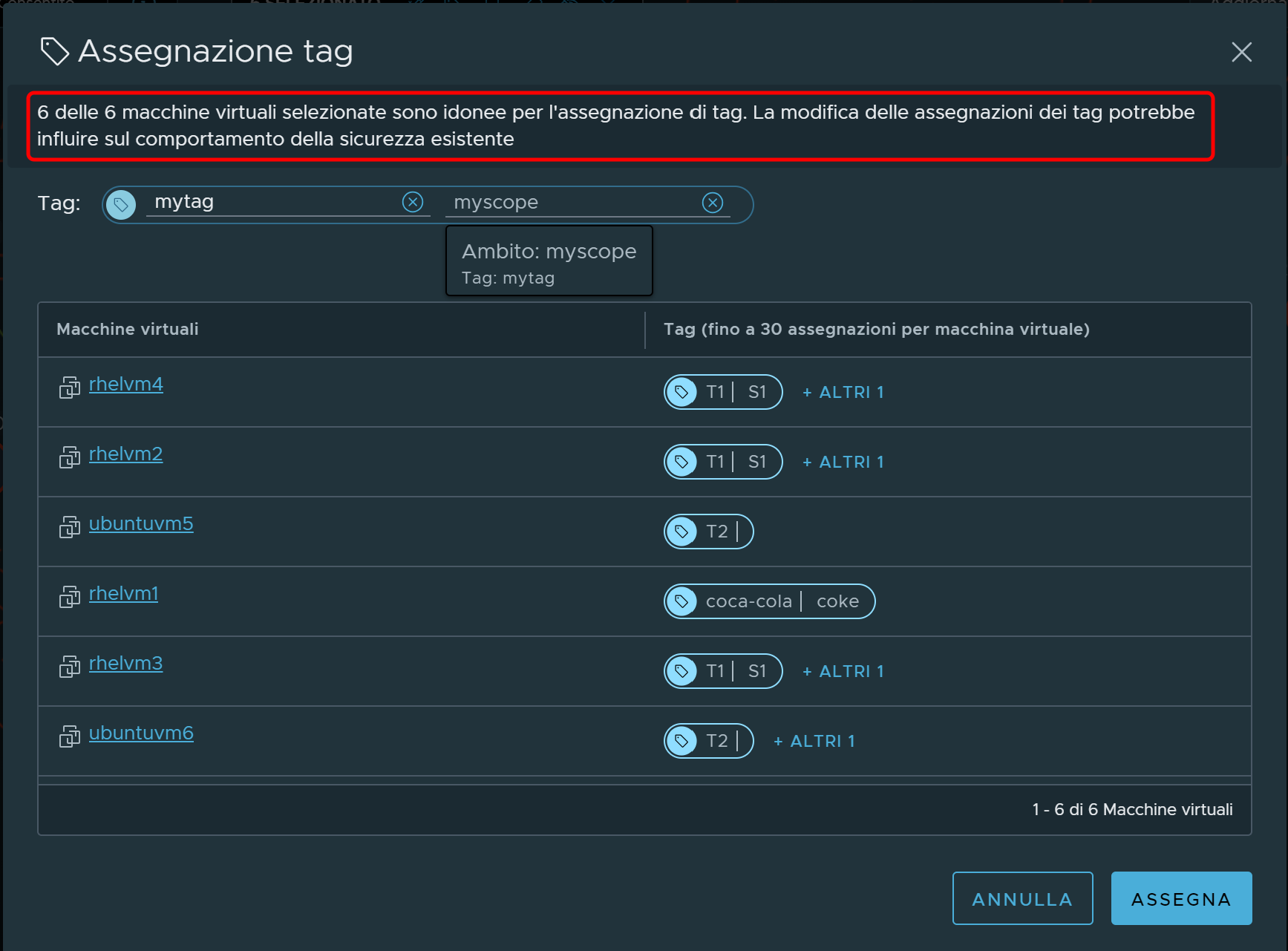 Finestra di dialogo Assegnazione tag che elenca le macchine virtuali preselezionate a cui assegnare un tag.