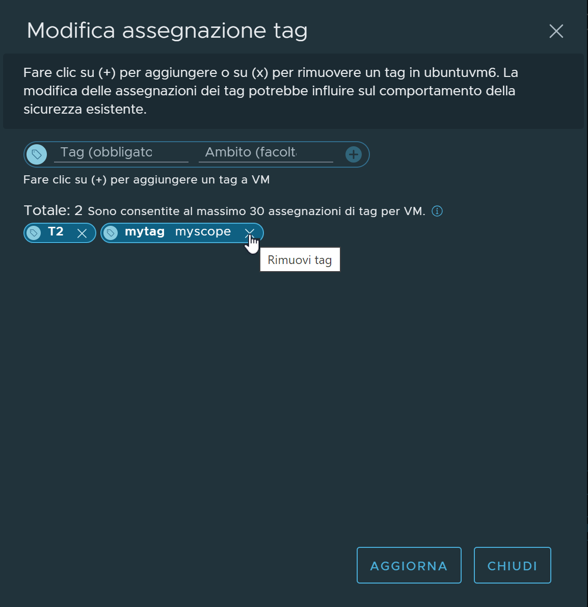 Finestra di dialogo Modifica assegnazione tag con il tag assegnato per la rimozione.