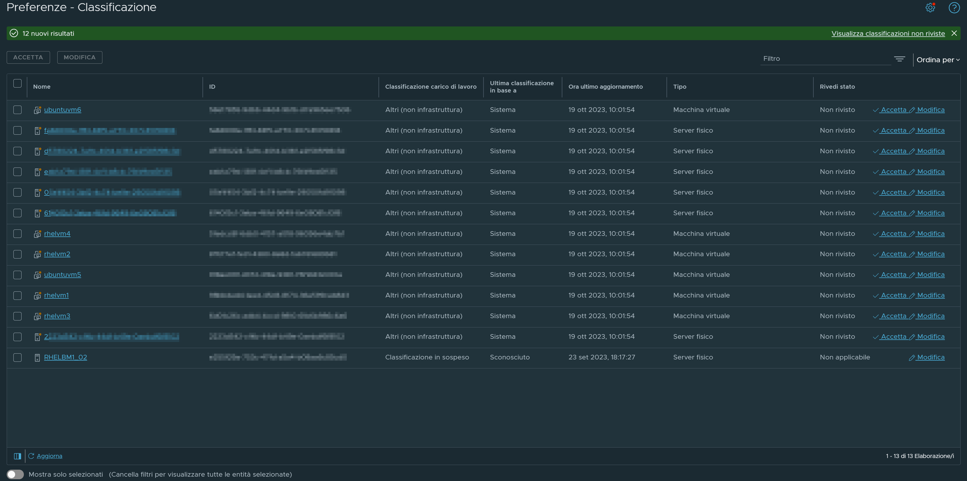 Immagine della tabella Classificazioni nella pagina dell'interfaccia utente Pianificazione e risoluzione dei problemi > Configurazioni.