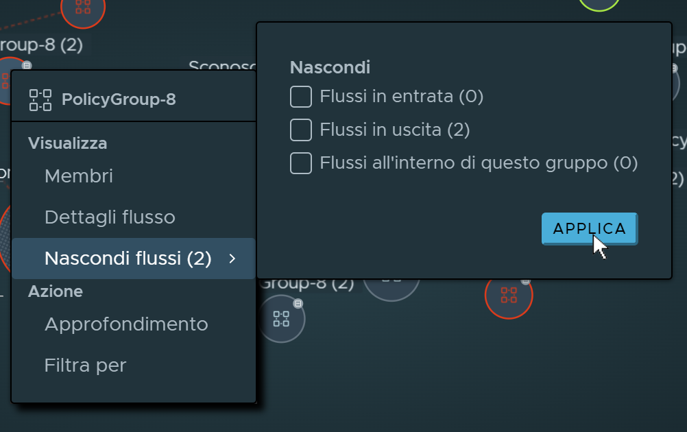 Voce del menu Nascondi flussi selezionata per un nodo e sotto menu dei tipi di flusso visualizzato.