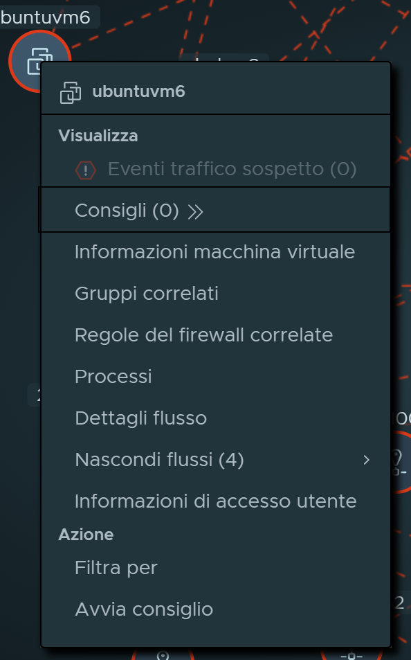 Menu contestuale delle azioni che è possibile eseguire quando si fa clic con il pulsante destro del mouse su un nodo di elaborazione. Ciascuna azione è descritta nella tabella successiva a questa immagine.