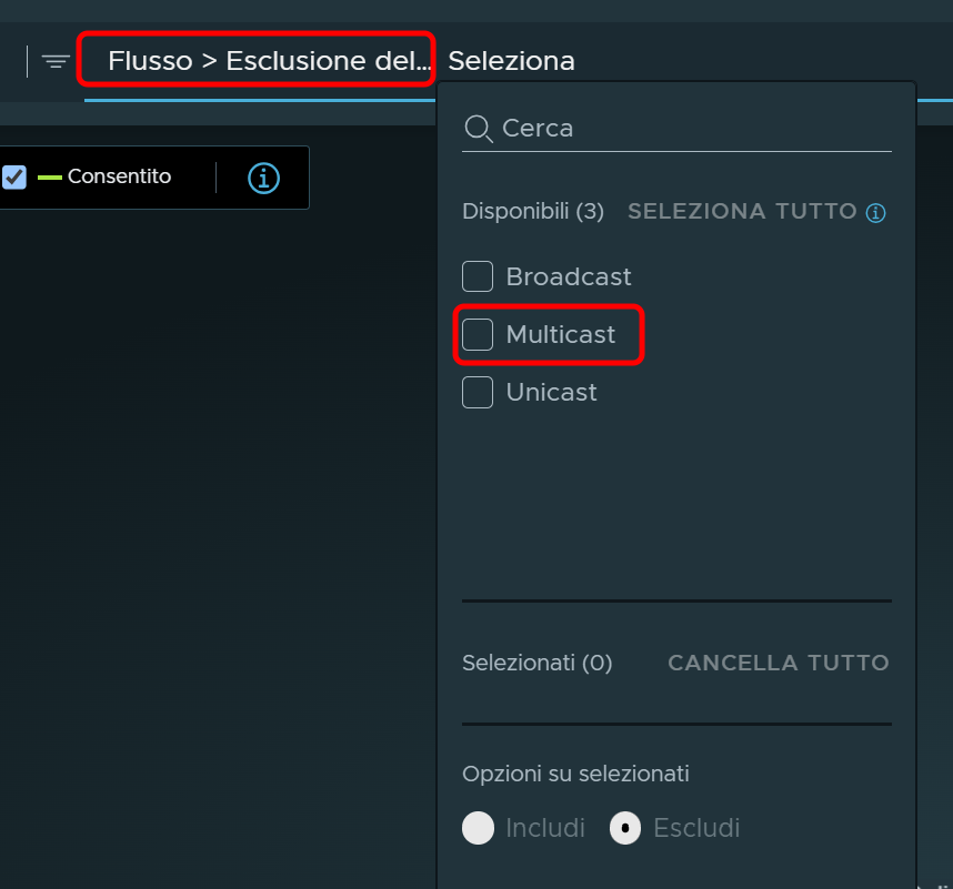 Filtro impostato su Flusso > Esclusione del traffico. L'opzione Multicast è un traffico disponibile per la selezione per l'esclusione dalla visualizzazione.